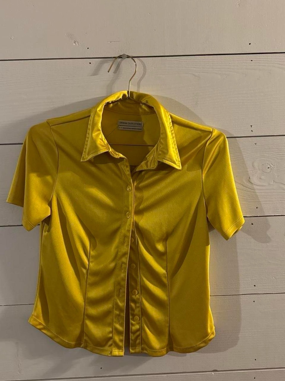 Urban Outfitters Yellow Satin Short Sleeve Button-Front Shirt